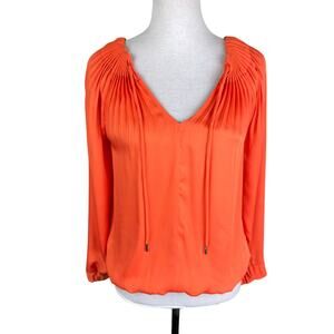 Diane Von Furstenberg DVF Mikino Top Orange V-Neck Pleated Long Sleeve Blouse